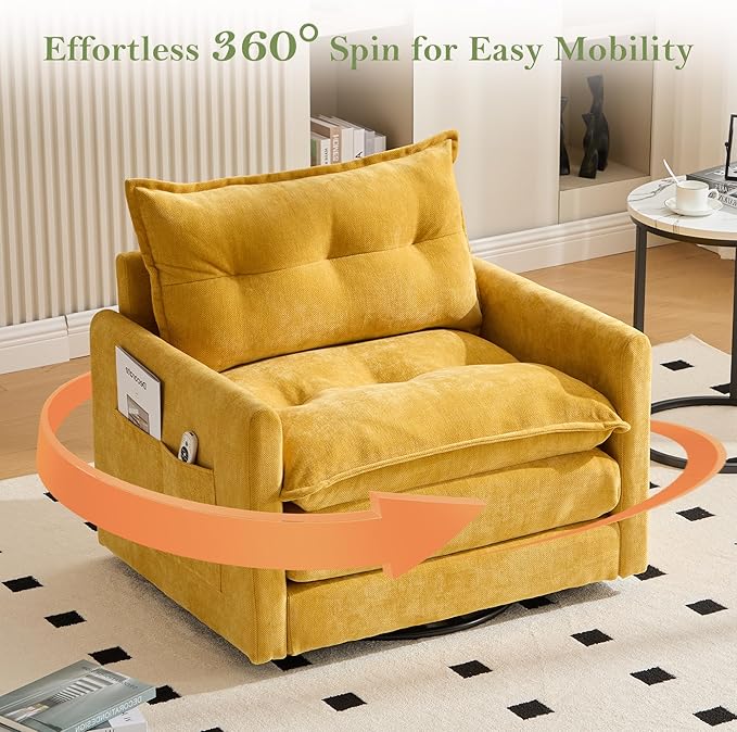 cinkehome Oversized Swivel Chair 36 Swivel Armchair Accent Chair for Living Room Mid Century Modern Thick Padded Arm Chairs Memory Foam Chenille Mustard Yellow