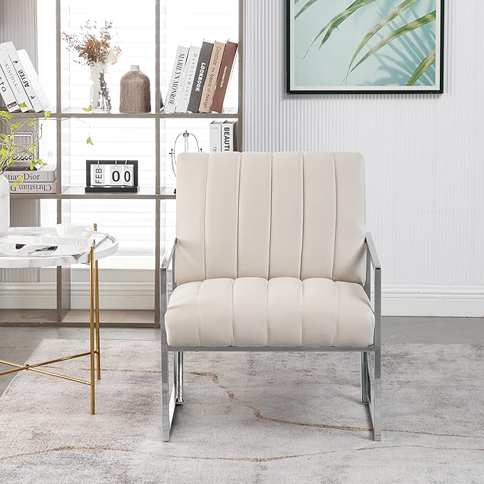 Generic Velvet Vertical Stripe Armchair Gold Metal Frame Accent Chair Suitable for Living Room BedroomBeige