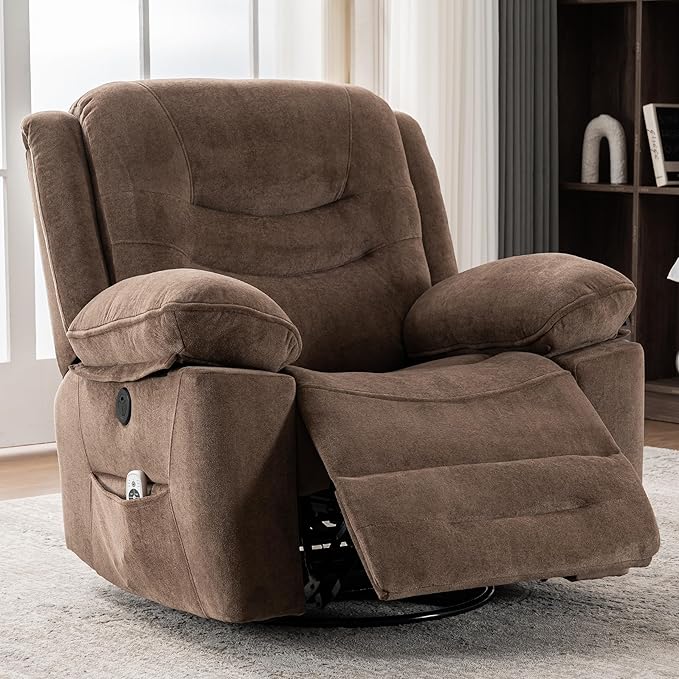Power Swivel Rocker Recliner with Massage and Heat USB Port Infinite Position Oversized Electric Glider Rocking Chairs Living Room Soft Fabric Reclining Sofa Chair(Mocha)