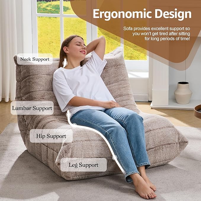 Bean Bag Chairs for Adults Giant Bean Bag Chair Memory Foam BeanBag Chair Bean Bag Sofa with Filler Faux Fur Fireside Beanbags Lazy Sofa for Living Room Bedroom Office (Brown Plush Single)