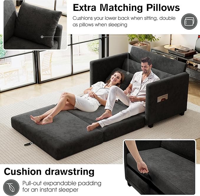 51 Loveseat Sleeper Sofa Bed Chenille Convertible Floor Sofa Bed for Small Spaces Folding Couch Bed with Deep Seat 2 Pillows &amp Solid Frame Pull Out Floor Couch for Living Room Black