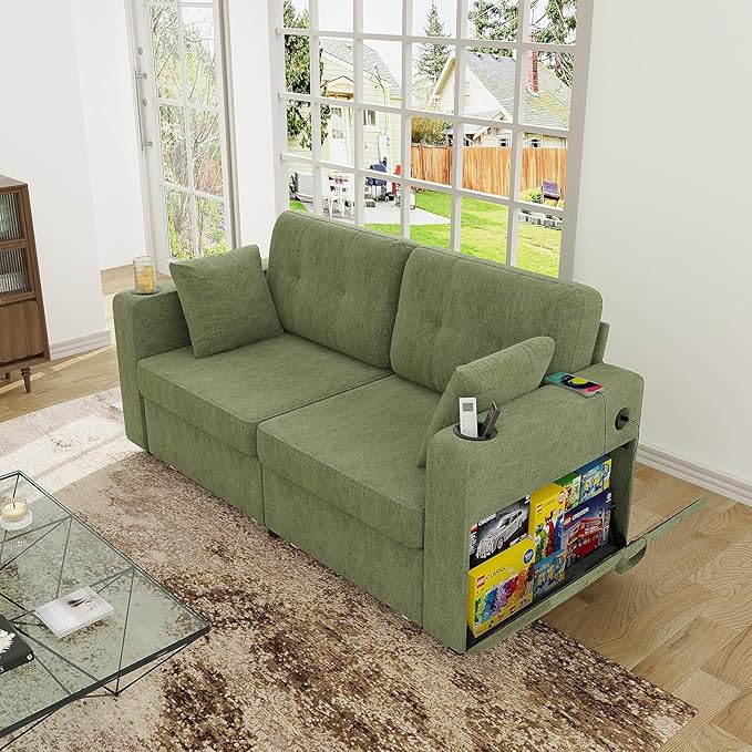 67 Small Loveseat Couch with Storage USB Charging and Cup Holder Space Saving Furniture Modern Chenille Love Seat Sofa Small Couches for Small Spaces Bedroom Apartment Olive Green