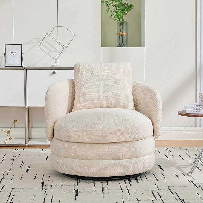 30 W Modern Round Swivel Barrel Accent Chair with Pillow Chenille Upholstered Single Club Sofa Chair for Living RoomBedroom Reading Room Balcony Lounge (Beige)