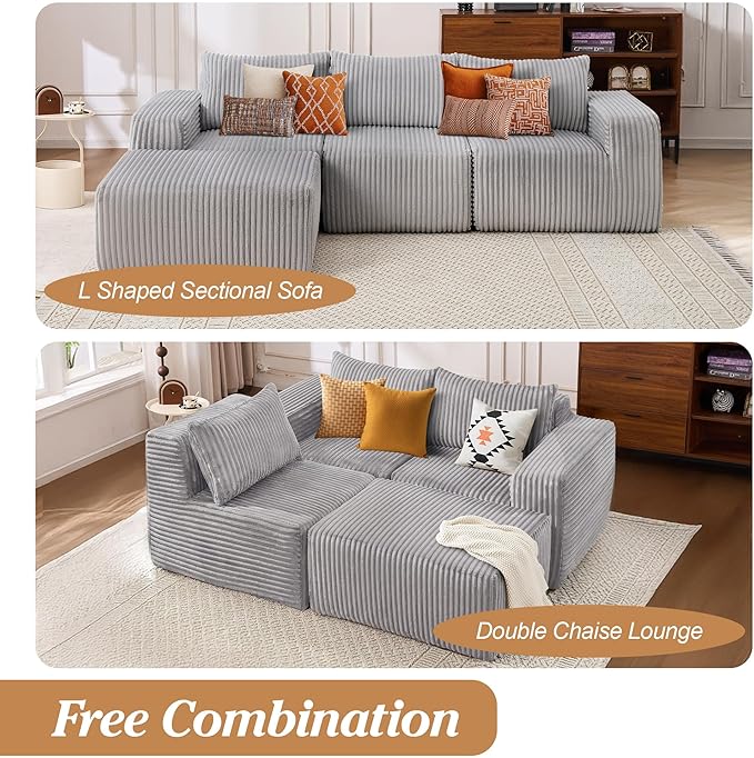 101 Cloud Couch Boneless Modular Sofa Compression Memory Foam Sectional Couches Comfy Corduroy L Shaped Sofas with Chaise Lounge for Living Room No Assembly Required (Light Gray 101in)
