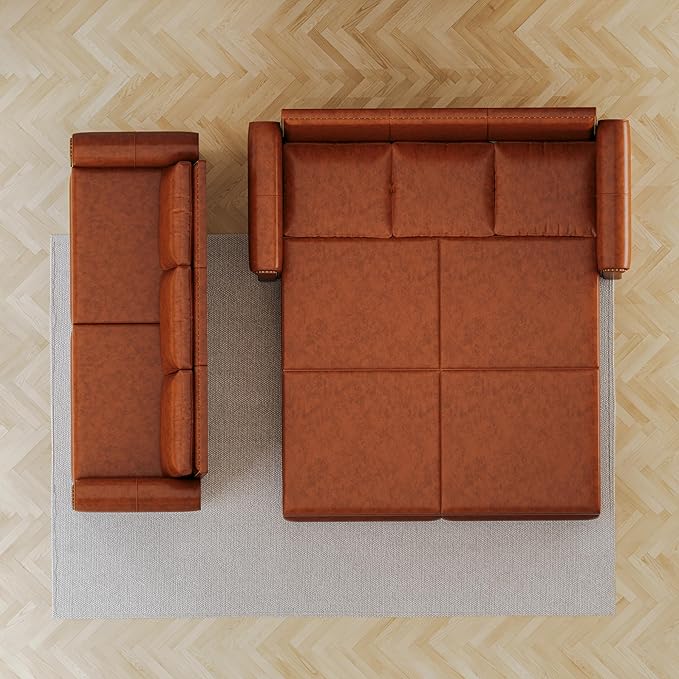 93.7 King Pull Out Sofa Bed Faux Leather Convertible Sleeper Couch with Nailhead Trim Oversized Mid Century Modern Chesterfield Sectional Couch for Living Room Light Brown