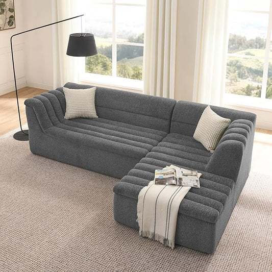 KEIKI 106 L-Shaped Chenille Modular Sectional Sofa with Chaise &amp Wave-Shaped Armrest Upholstered Boneless 3-Seater Couch with Memory Foam Cushion No Assembly Required for Living Room Grey
