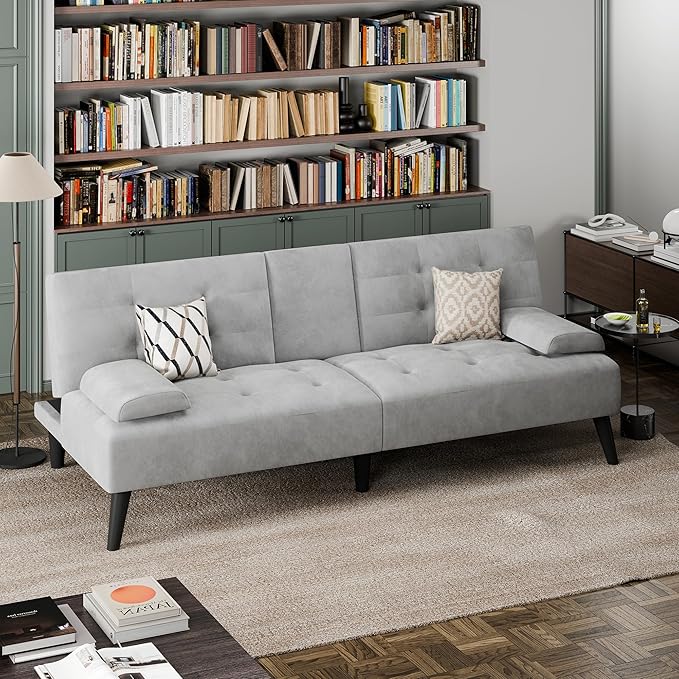 JAMFLY Sofa Bed Futon Couches Modern Convertible Folding Loveseat Light Grey Velvet
