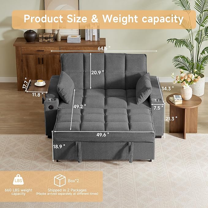 65'' Convertible Sleeper Sofa BedExtra Thick Cushion Polka dot Velvet Pull Out Futon Couch with Storage handrails &amp Rotating Side TablesConvertible Sofa Couch for Living RoomRV (07S-dark gray)