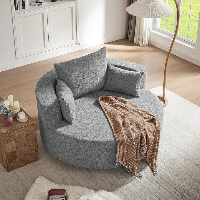Oversized 360° Swivel Barrel Chair for Living Room Modern Comfy 56.3'' Round Boucle Reading Accent Chair with Extra Wide &amp Deep Seat Overstuffed Cushions Easy Assembly Slate Grey