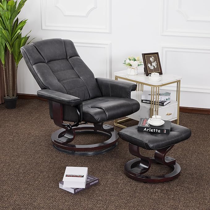 MCombo Manual Swivel Recliner with Ottoman Chair Ottoman Set for RV Small Spaces Living Room Bedroom Office 9019 4919 (Faux Leather Dark Grey)