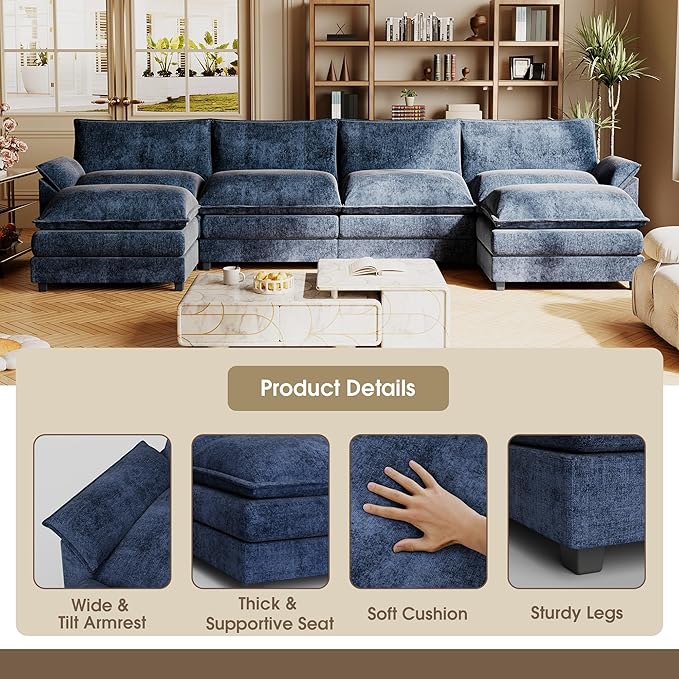 JUMMICO 159” Sectional Sofa Modern Deep 3-Seat Sofa Couch with Reversible Ottoman U-Shaped Chenille Fabric Modular Sofa Sleeper Comfy for Living Room/Bedroom/Apartment (Blue U Shaped Sofa)