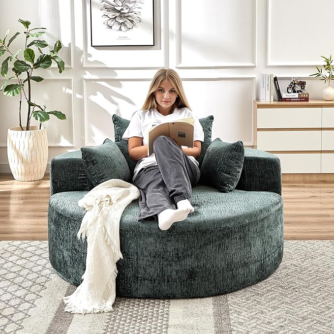 55 Oversized Chaise lounge Chair Indoor Modern Upholstered Deep Seat Wide Armrest Single Floor Circle Round Sofa Chair Sleeper for Small Living Room Bedroom Apartment with Pillow Green Chenille