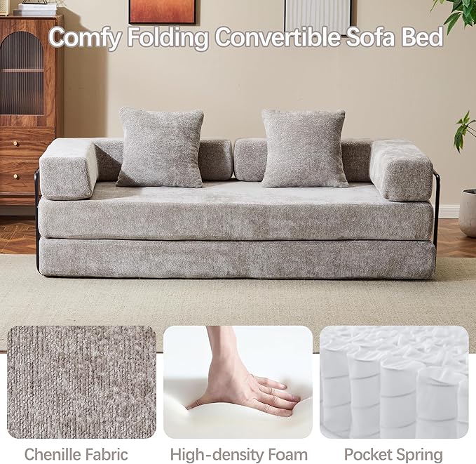 Folding Convertible Sofa Bed 4-in-1 Boneless Couch Sleeper Sofa 76.8'' Chenille Foldable Mattress Couch with Fixed-Shape Frame Floor Sofas Modular Futon Couches for Living Room Light Grey