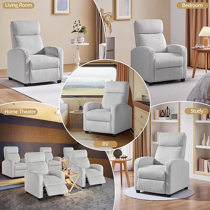 Yaheetech Corduroy Recliner Chair Single Sofa Home Theater Seating Adjustable Modern Reclining Chair for Living Room Bedroom Home Theater Light Gray