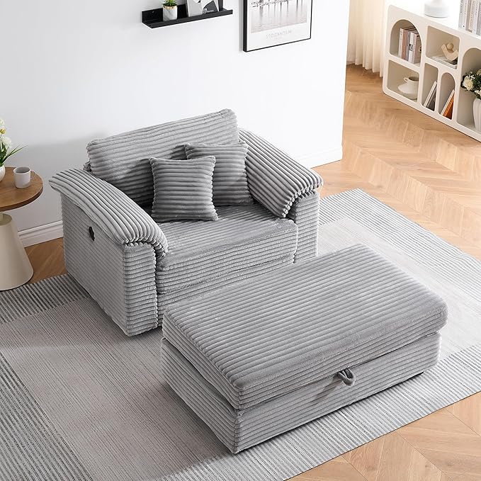 KEIKI 47.24 inch Corduroy Sofa Wide Corduroy Armchair with Storage Feet and 2 Throw Pillows Sleeper Couch for Living Room Apartment Salon Home Theater Gray