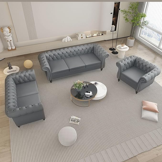 Leather Loveseat Chesterfield Love Seat Sofa for Living Room Mid-Century Modern Tufted Couple Couch 2 Seater with Rolled Arms Deep Button Tufting Nailhead Trim for Bedroom Home Theater (PU Grey)