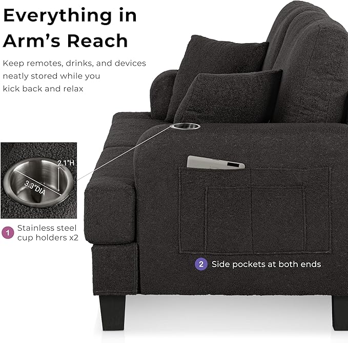 Homes: Inside + Out Reese Modern Plush Boucle Comfortable Loveseat with Side Pockets Cup Holders and Pillows Wooden Soft Couch for Living Room Bedroom and Office Beige