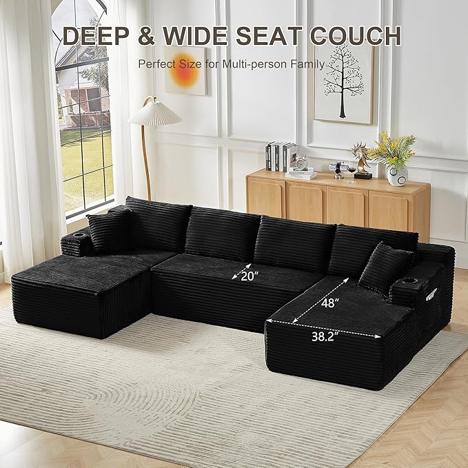 134 W Black U Shaped Boneless Couch Oversized Cloud Modular Sectional Sofa with Deep Chaise 4 Seat Corduroy Foam Compressed Cup Holders &amp Side Pockets for Living Room Apartment Large Spaces