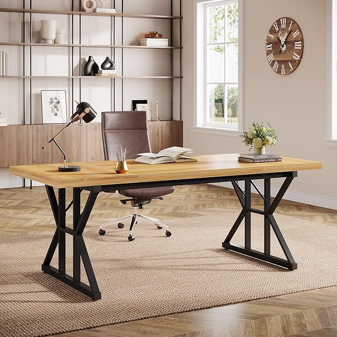 Tribesigns 70.86-Inch Large Executive Desk Industrial Home Office Computer Desk Simple Long Writing Study Table Business Furniture (Light Walnut/Black)