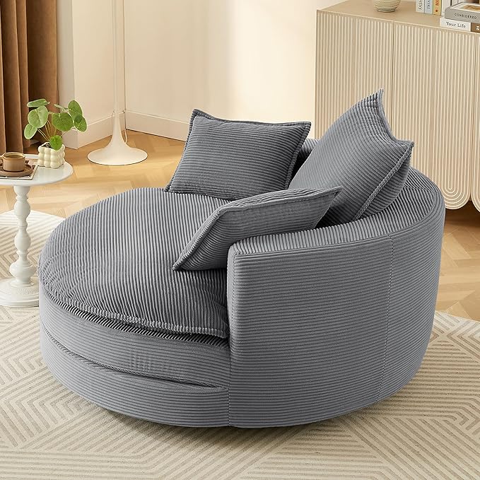 360° Swivel Sofa Chair with Dual-Layer Cushion Design 57.5 Swivel Round Accent Barrel Chair with 3 Removable Pillows for Living Room Office and Hotel (Gray//261)