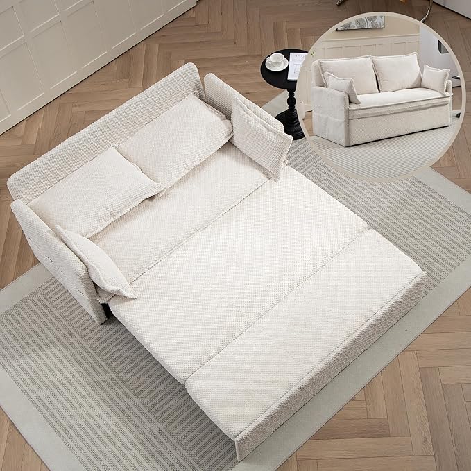 Pull Out CouchLoveseat Convertible Sleeper Sofa Bed with USBPull Out Sofa Bed Side Storage2 PillowsCorduroy Sleeper Couch for Living RoomBedroomApartmentPet-Friendly(Beige 59.5'')