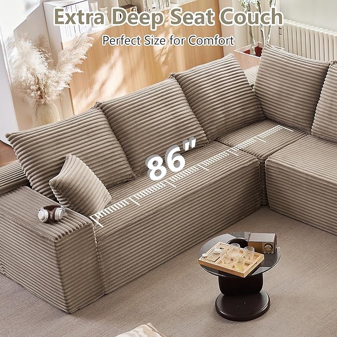 Sectional Cloud Couch with L-Shape Chaise Modern Modular Comfy Sofa with Deep Seat Upholstered Corduroy Couches Stupendous U Shaped Sofas for Living Room Bedroom No Assembly Required Camel