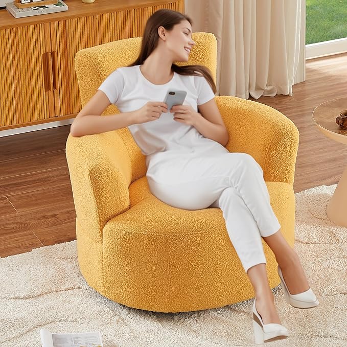 360° Swivel Accent Chair Armchair Upholstered Round Barrel Chair with Adjustable Headrest Morden Single Sofa for Living Room Office and Hotel (Yellow/27)