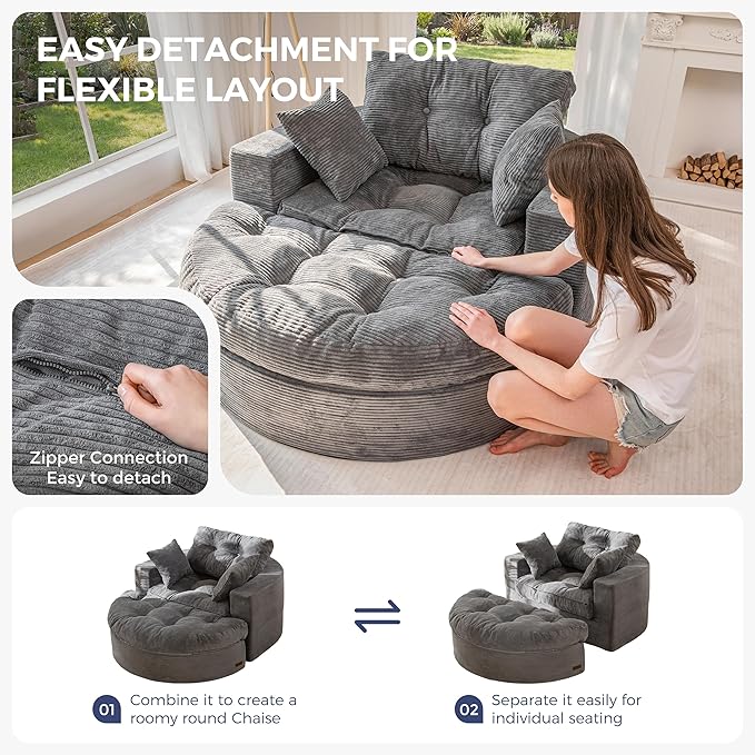 MAXYOYO Modular Sectional Chaise Lounge Sofa Round Upholstered Lounge Chair with Ottoman Comfy Couch with Layered Cushion Tufted Sleeper Chair for Living Room No Assembly Dark Grey