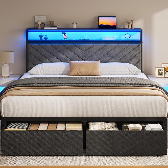Queen Bed Frame with 2 Drawers Upholstered Headboard with Storage and Charging Station LED Lights Fabric Drawers with Wheels Under Bed Storage No Box Spring Needed Easy Assembly Grey
