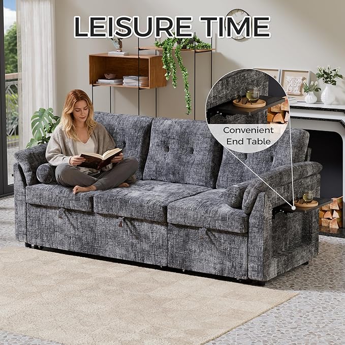 Convertible Queen Sofa Bed 63 Inch Chenille Pull Out Couch with Side Table 3 Seat Pull Out Sofa Bed with Level Adjustable Backrest Comfy Sleeper Sofas for Living Room Apartment Gray