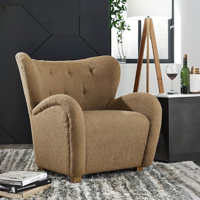 Signature Design by Ashley Larbell Contemporary Faux Shearling Tufted Upholstered Accent Chair with Wingback Light Brown