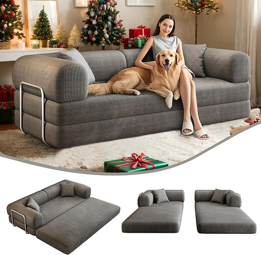 78.8 Modern Convertible Floor Sleeper Sofa Bed Corduroy Modular Boneless Couch with Silver Fixed-Shape Frame No Assembly Futon Cloud Loveseat with Pull-Out Bed for Living Room (Grey)