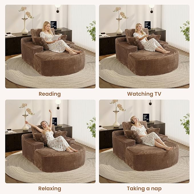 Oversized D-Shape Lounge Chair Indoor Single Foam Upholstered 67-inch Corduroy Boneless Deep Seat Circle CouchCloud Couch Lounge Floor Sofa Chair for Reading Room Brown