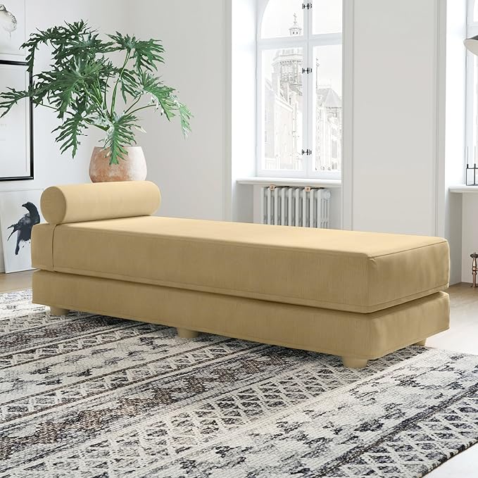 Jaxx Alon Daybed - Fold-Out Sleeper Chaise with Premium Memory Foam Queen-Size Mattress - Made in The USA - Camel