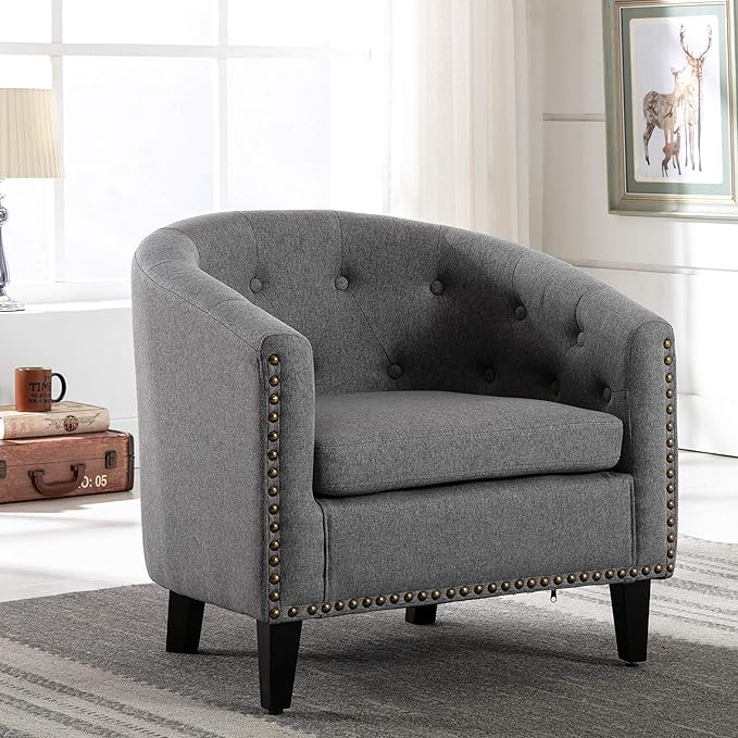 Generic Linen Fabric Tufted Barrel ChairTub Chair for Living Room Bedroom Club Chairs Grey