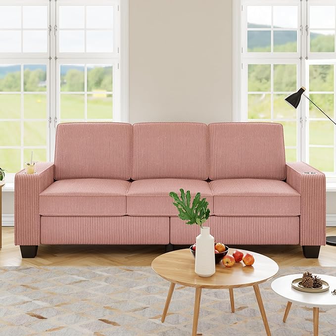 83.86 Corduroy 3-Seater Sofa with Extra Deep Seat Modern Cloud Couch with 2 Cup Holders Comfy Upholstered Sofa for Living Room Apartment &amp Office Pink
