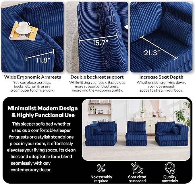 STHOUYN 106 Corduroy Folding Convertible Sleeper Sofa Bed Blue Pull Out Floor Modular Couch with Pillow Memory Foam Boneless Couchs Sectional for Living Room Bedroom (3 Navy Blue)
