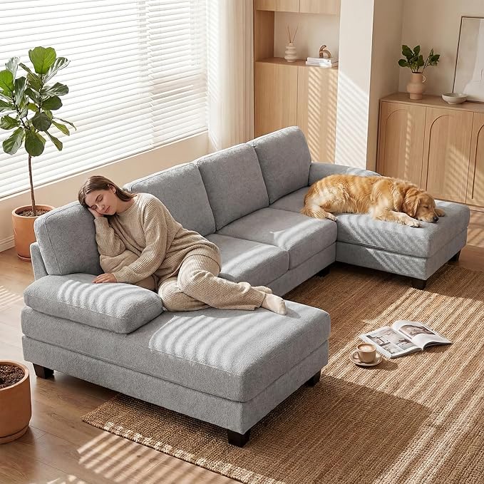 Homall Modular Sectional U Shaped Sofa Couches for Living Room Comfy Loop Yarn 4 Seat Sofa Set with Removable Pillows Lounge Chaise Upholstered Couch for Apartment (Loop Yarn Pearl Gray)