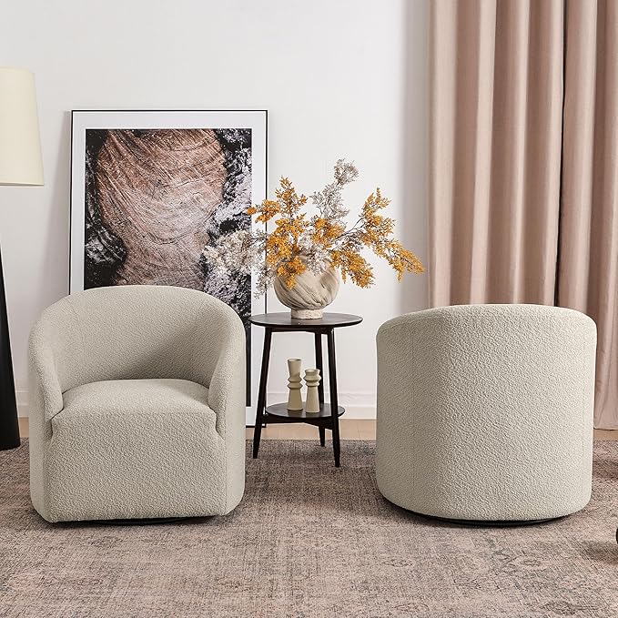KINWELL 32 Wide Modern Boucle Swivel Barrel Chairs Set of 2 No Assembly Round Upholstered Swivel Accent Armchairs for Living Room Bedroom (Oatmeal)