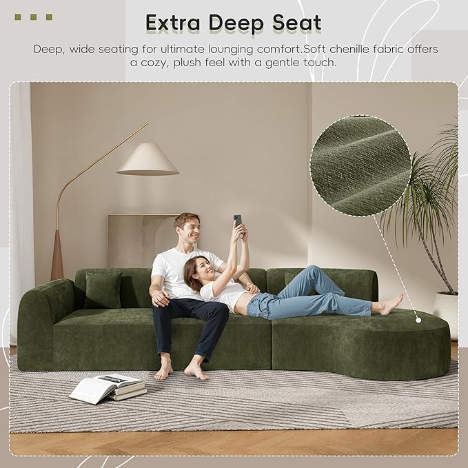 Merax 140 Curved Polyester Sectional Sofa Set 7 Seat Modern Cloud Couch with Chaise Lounge3 Pillows Fully Assembled for Living Room Green