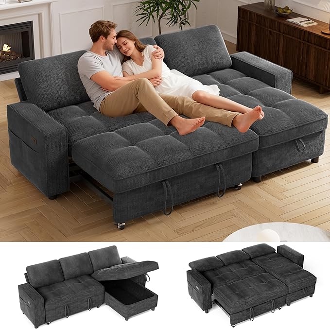 Vipbear 81 Sectional Sleeper Sofa with Pull Out Bed L Shaped Sleeper Sofa Pull Out Couch with Reclining Backrest Reversible Storage Chaise USB Ports Tool-Free Assembly Chenille Dark Grey
