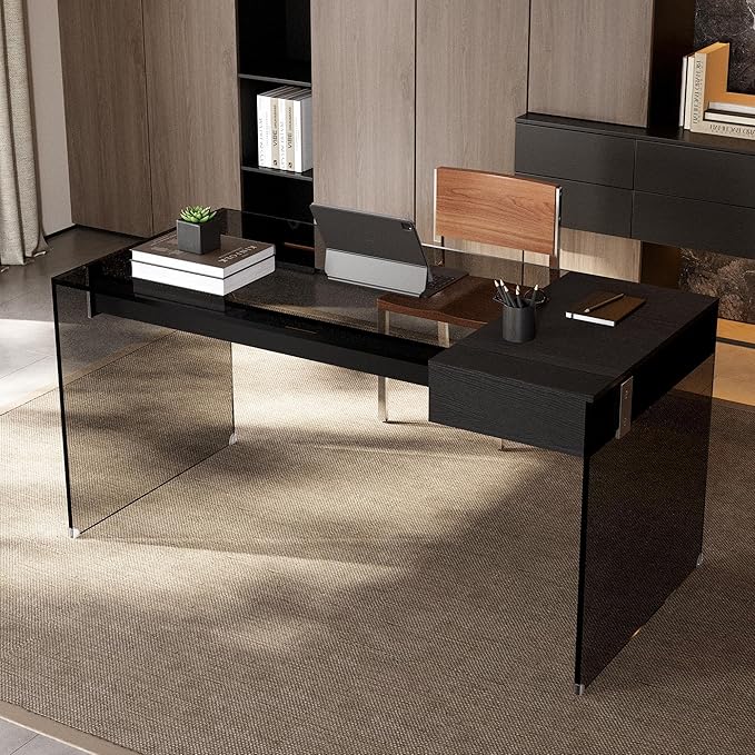 53.14 Modern Tempered Glass Executive Desk with Drawer Black Wood Finish and Tempered Glass Legs – Minimalist Stylish Workstation Table for Home Office