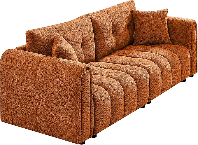 91.5 Sofa Couch w/Medium Firm Seat Cushion Tufted BackCloud Loveseat w/Deep Seats &amp Chenille Fabric 3 Seater Sofa for Living Room Apartment Lounge Office (Orange)