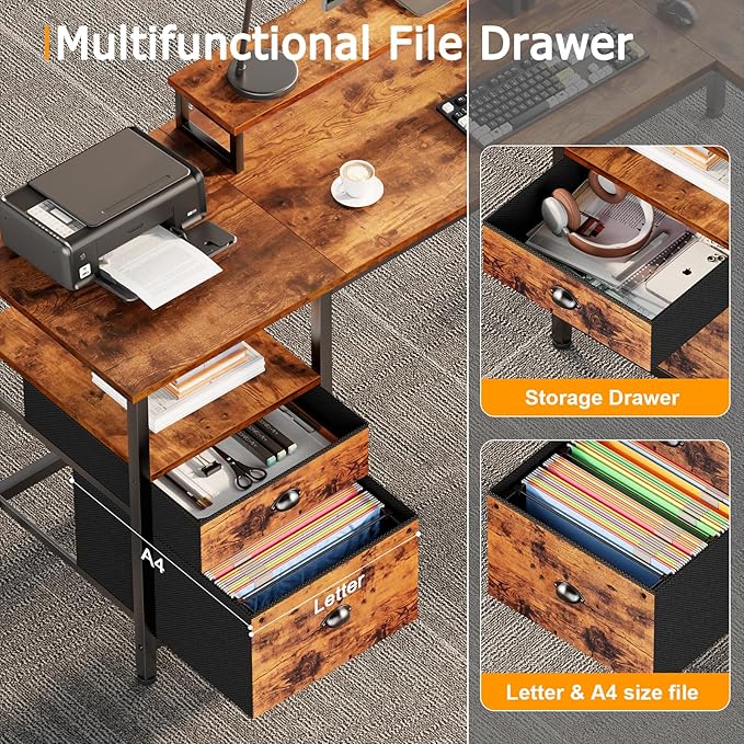 Furologee 66” L Shaped Desk with Power Outlet Reversible Computer Gaming Desk with File Drawer &amp 2 Monitor Stands for Home Office with Storage Shelves Rustic Brown