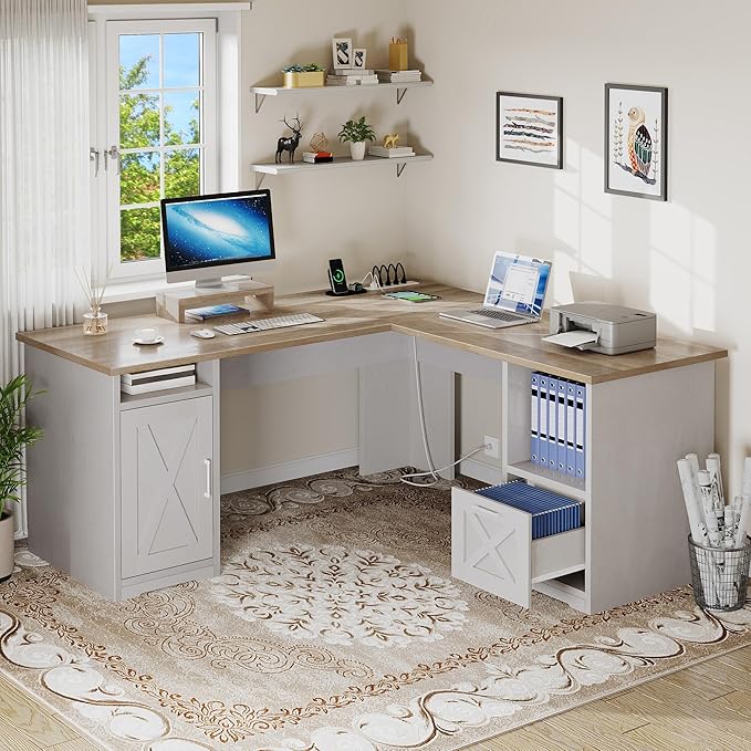 YITAHOME L Shaped Desk with Power Outlets 60 Inch Computer Desk Corner Desk with File Drawer Home Office Desk with Monitor Stand &amp Storage Shelves L-Shaped Desk with File Cabinet Grey Wash
