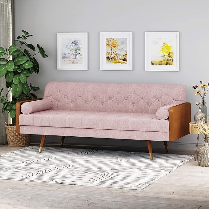 GDFStudio Aidan Mid-Century Modern Tufted Fabric Sofa Light Blush and Dark Walnut
