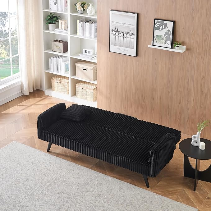72'' Fabric Loveseat Sofa Comfy Corduroy Couch with 2 Embedded Teacup Holders 2 Seater Sofa with Adjustable Backrest Modern Small Convertible Futon Sofa Bed for Living Room Apartment (Black)