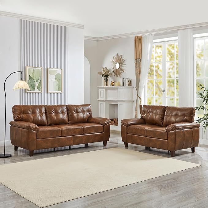 2 Piece Brown Leather Sofa Set with Storage Mid-Century Modern Tufted Retro Vintage Faux Leather Couch and Loveseat Living Room Sets Comfy Cloud Upholstered Furniture(Brown 2+3 Seater Couch Set)