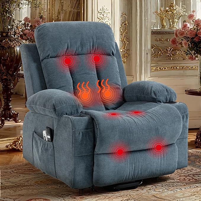 Power Lift Recliner Chair for Elderly People w/Vibration Massage and Lumbar Heat Lift Chair for Adult w/Cup Holder USB Charge Port for Living Room Bedroom Blue