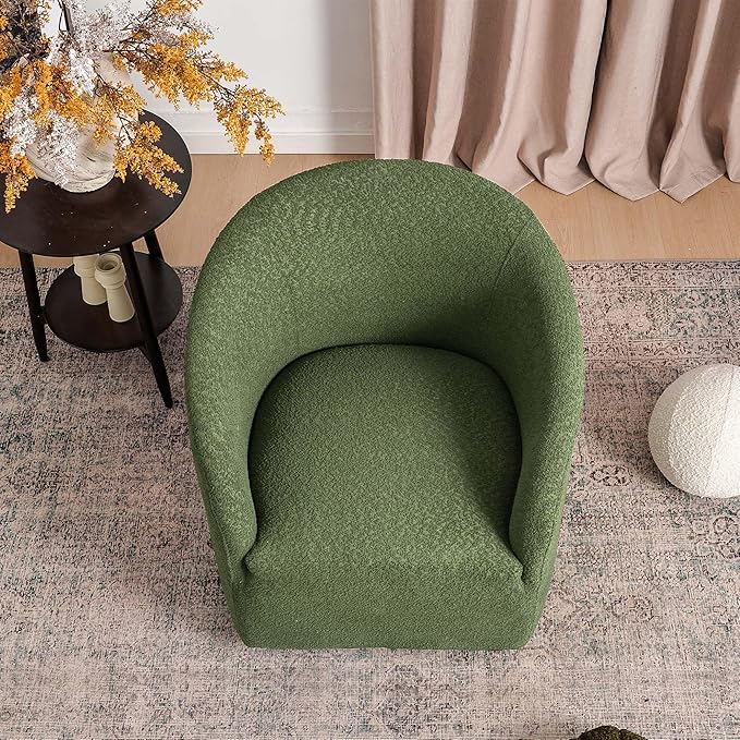 KINWELL 32 Wide Modern Boucle Swivel Barrel Chair No Assembly Round Upholstered Swivel Accent Armchair for Living Room Bedroom Office (Green)